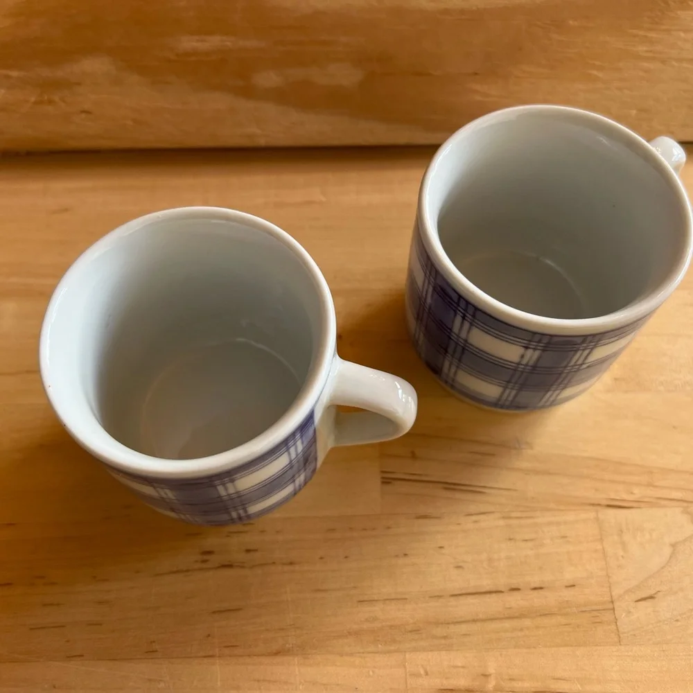Williams Sonoma set of 2 Blue white Plaid Ceramic Mugs coffee tea cup cottage